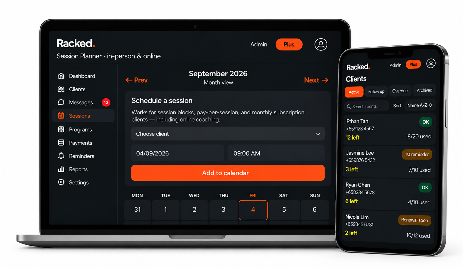 Racked app on laptop and phone — session planner and client list